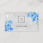 Silver glitter blue floral QR code logo Visitekaartje (Voorkant)