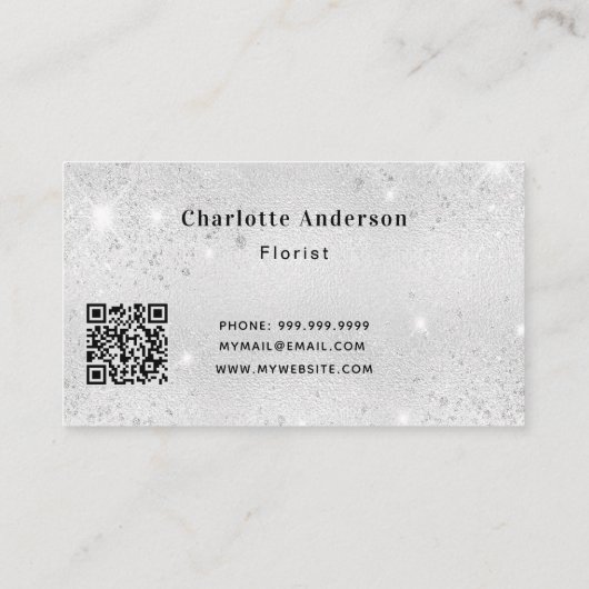 Silver glitter blue floral QR code Visitekaartje (Achterkant)