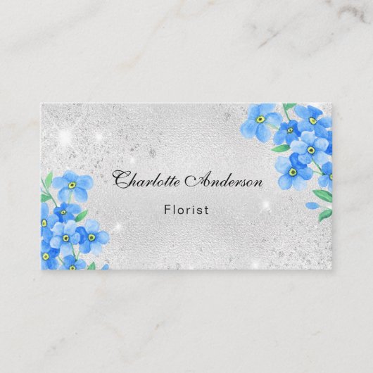 Silver glitter blue floral QR code Visitekaartje (Voorkant)