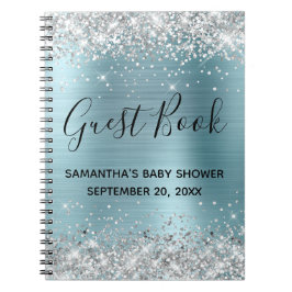 Silver Glitter Blue Folie Baby shower Guestbook Notitieboek