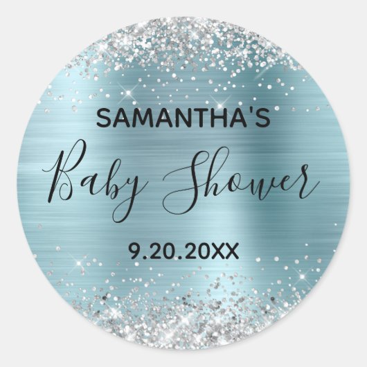 Silver Glitter Blue Folie Baby shower Ronde Sticker (Voorkant)