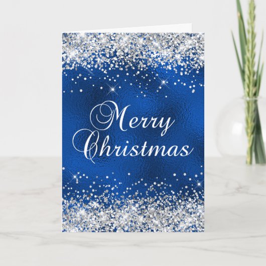 Silver Glitter Blue Glass Folie Merry Kerstmis Kaart (Voorkant)