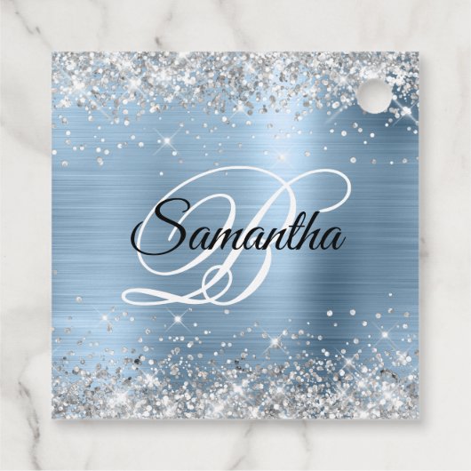 Silver Glitter Blue Monogram Birthday Dank je Bedankjes Labels (Achterkant)