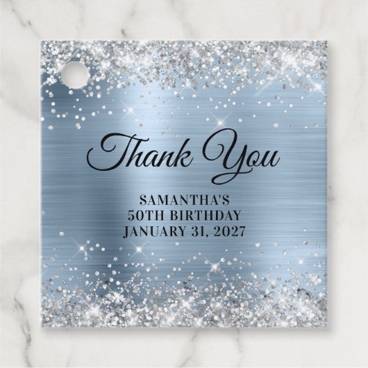Silver Glitter Blue Monogram Birthday Dank je Bedankjes Labels (Voorkant)