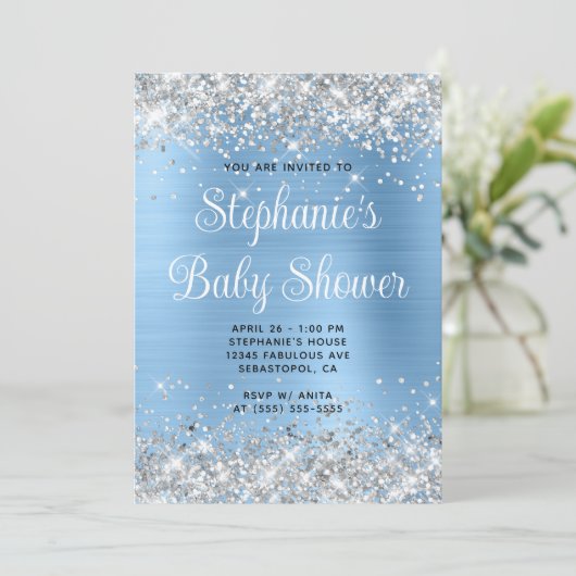 Silver Glitter Blue Online Registry Baby shower Kaart (Staand voorkant)