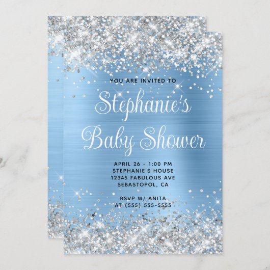 Silver Glitter Blue Online Registry Baby shower Kaart (Voorkant / Achterkant)