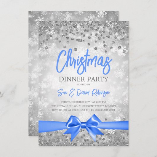 Silver Glitter Blue Ribbon-kerstavond Kaart (Voorkant / Achterkant)