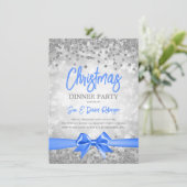 Silver Glitter Blue Ribbon-kerstavond Kaart (Staand voorkant)
