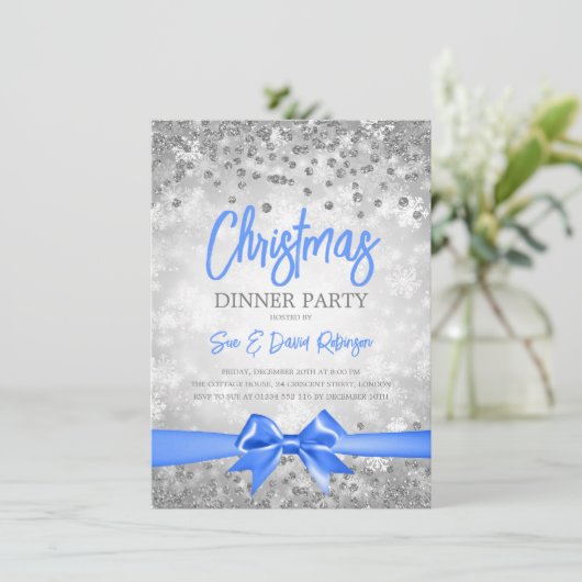 Silver Glitter Blue Ribbon-kerstavond Kaart (Staand voorkant)