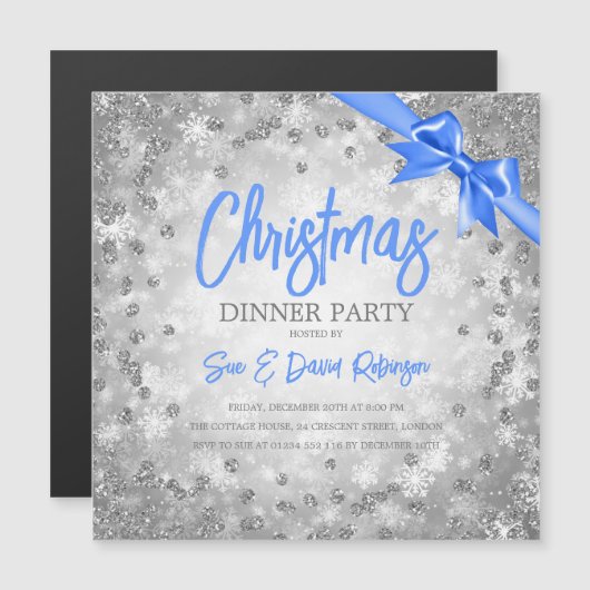 Silver Glitter Blue Ribbon-kerstuitnodiging (Voorkant / Achterkant)