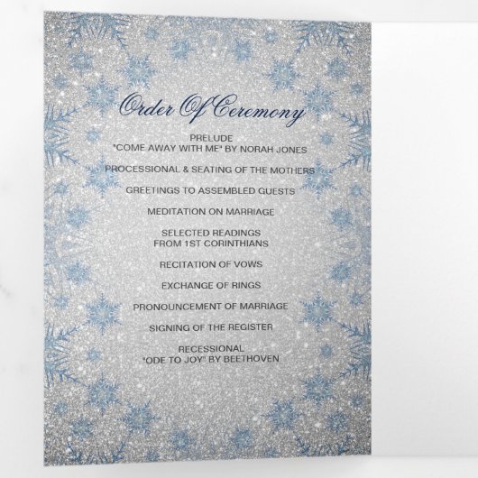 Silver Glitter Blue Snowflake Winter Wedding Drieluik Programma (Binnenzijde eerst)