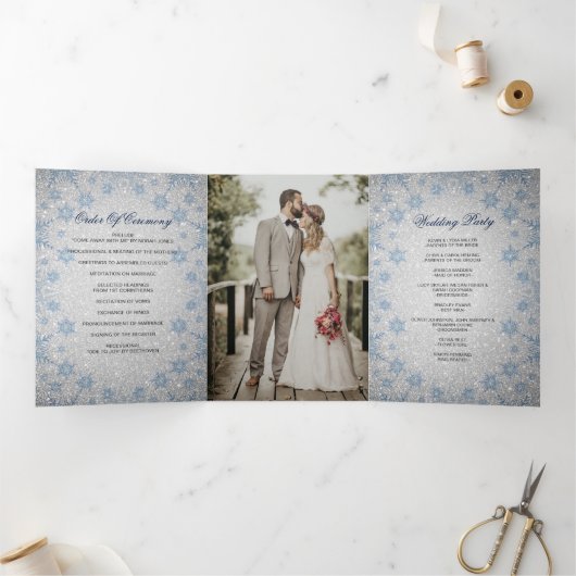 Silver Glitter Blue Snowflake Winter Wedding Drieluik Programma (Binnen)