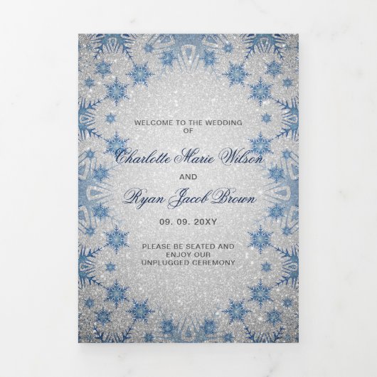 Silver Glitter Blue Snowflake Winter Wedding Drieluik Programma (Cover)