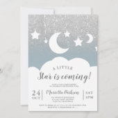 Silver glitter blue star baby shower van de Moon Kaart (Voorkant)