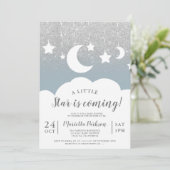 Silver glitter blue star baby shower van de Moon Kaart (Staand voorkant)