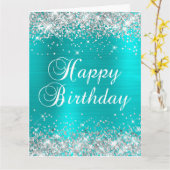 Silver Glitter Blue Turquoise Big Happy Birthday Kaart (Gele Bloem)