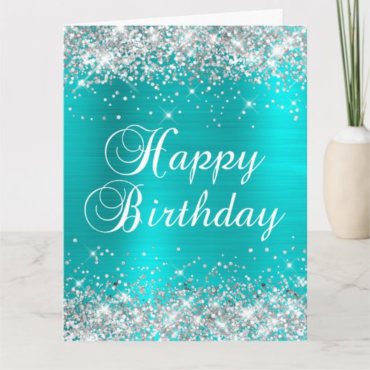 Silver Glitter Blue Turquoise Big Happy Birthday Kaart (Voorkant)