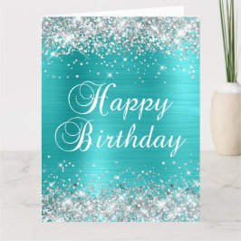 Silver Glitter Blue Turquoise Big Happy Birthday Kaart
