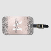 Silver Glitter Blush Pink Aangepast Monogram Bagagelabel (Voorkant (horizontaal))