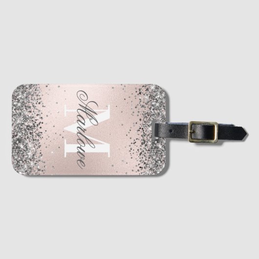 Silver Glitter Blush Pink Aangepast Monogram Bagagelabel (Voorkant (horizontaal))