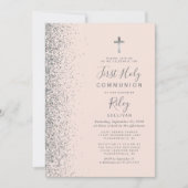 Silver Glitter Blush Pink First Heilige Communie Kaart (Voorkant)