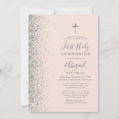Silver Glitter Blush Pink First Heilige Communie Kaart (Voorkant)
