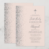 Silver Glitter Blush Pink First Heilige Communie Kaart (Voorkant / Achterkant)