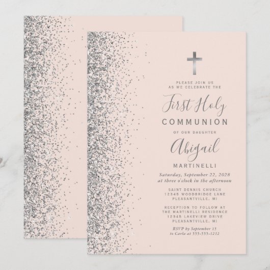 Silver Glitter Blush Pink First Heilige Communie Kaart (Voorkant / Achterkant)