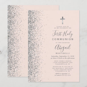 Silver Glitter Blush Pink First Heilige Communie Kaart