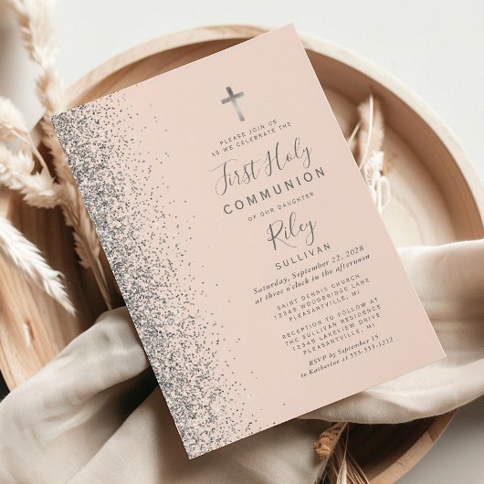 Silver Glitter Blush Pink First Heilige Communie Kaart