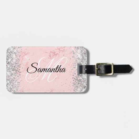Silver Glitter Blush Pink Marble Bagagelabel (Voorkant horizontaal)