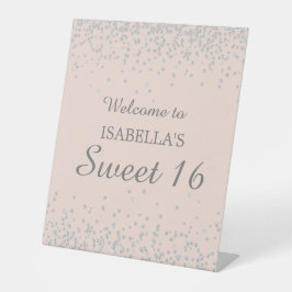 Silver Glitter Blush Pink Sweet 16 Welkomstnaam Reclamebord Met Voetstuk