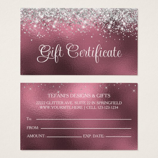 Silver Glitter Blush Roos Folie Cadeaubon Visitekaartje (Voorkant /achterkant)