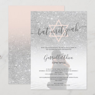 Silver glitter blush roze bat mitzvah foto kaart