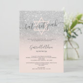 Silver glitter blush roze girbat mitzvah kaart (Staand voorkant)
