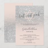 Silver glitter blush roze girbat mitzvah kaart (Voorkant / Achterkant)