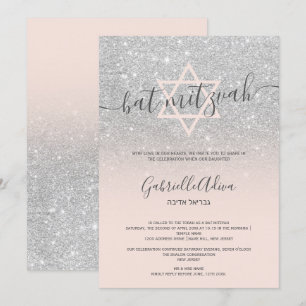 Silver glitter blush roze girbat mitzvah kaart
