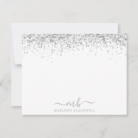 Silver Glitter Blush Roze Monogrammed Note Kaart Notitiekaartje (Voorkant)