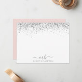 Silver Glitter Blush Roze Monogrammed Note Kaart Notitiekaartje (Voorkant / Achterkant in situ)