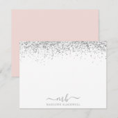 Silver Glitter Blush Roze Monogrammed Note Kaart Notitiekaartje (Voorkant / Achterkant)