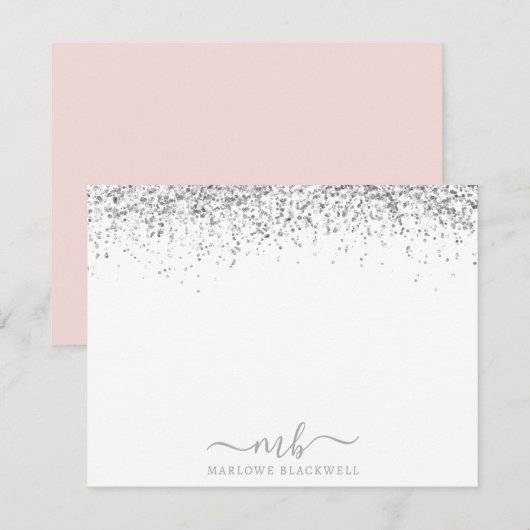 Silver Glitter Blush Roze Monogrammed Note Kaart Notitiekaartje (Voorkant / Achterkant)