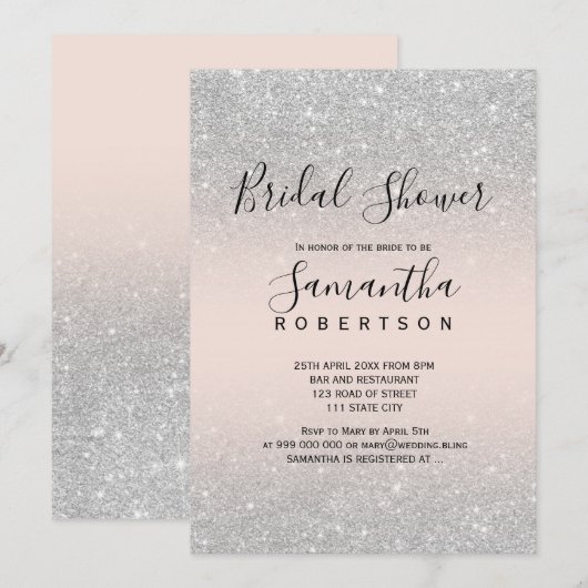 Silver glitter blush roze script vrijgezellenfeest kaart (Voorkant / Achterkant)