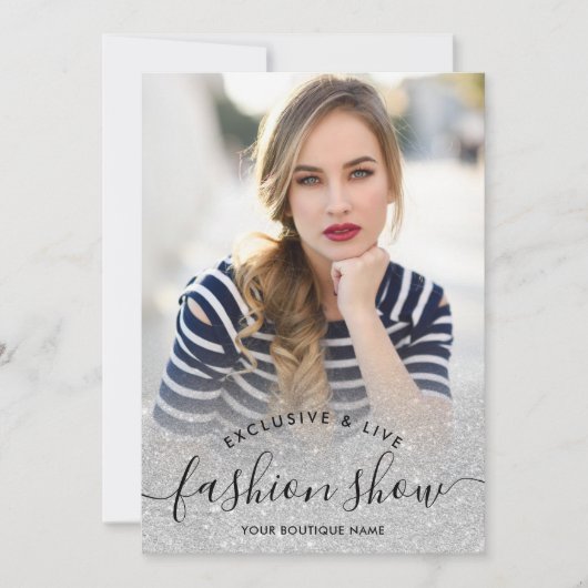 Silver glitter blush script foto's mode show kaart (Voorkant)