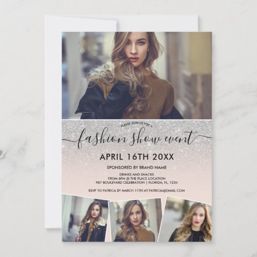 Silver glitter blush script foto's mode show kaart (Achterkant)