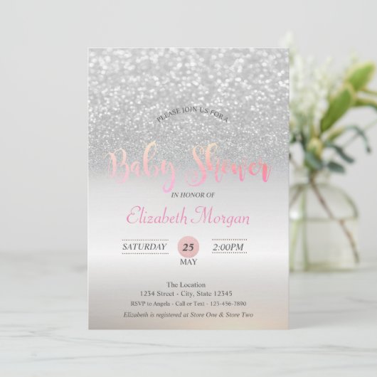 Silver Glitter Bokeh Baby shower Uitnodiging (Staand voorkant)