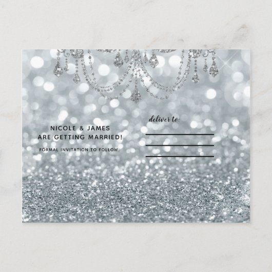 Silver Glitter Bokeh Glam Chandelier Save the Date Aankondigingskaart (Achterkant)
