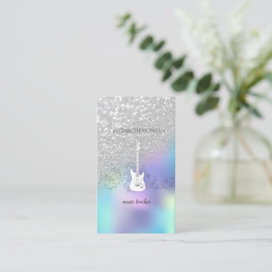 Silver Glitter Bokeh, Guitar, Blue Holographic Visitekaartje (Staand voorkant)