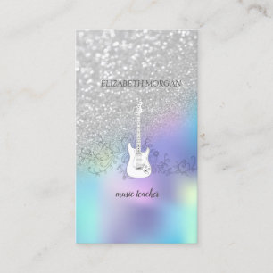 Silver Glitter Bokeh, Guitar, Blue Holographic Visitekaartje