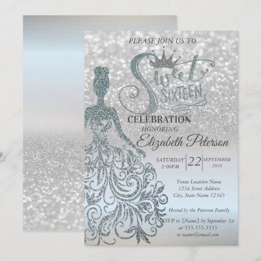 Silver Glitter Bokeh Ombre, Dress, Tiara,Sweet 16 Kaart (Voorkant / Achterkant)