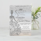 Silver Glitter Bokeh Ombre, Dress, Tiara, Sweet 17 Kaart (Staand voorkant)